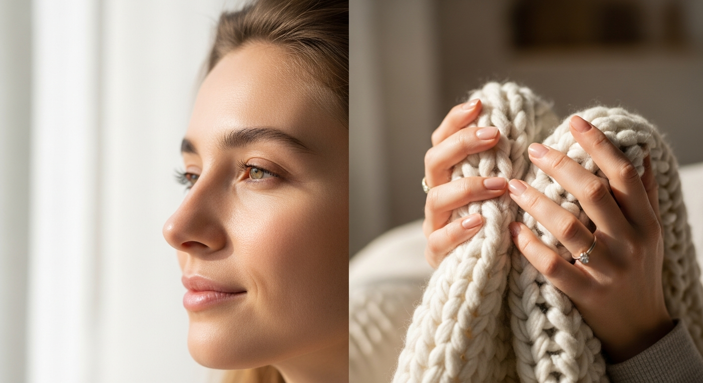 Calm, aspirational beauty-lifestyle image of soft hands with soft knit