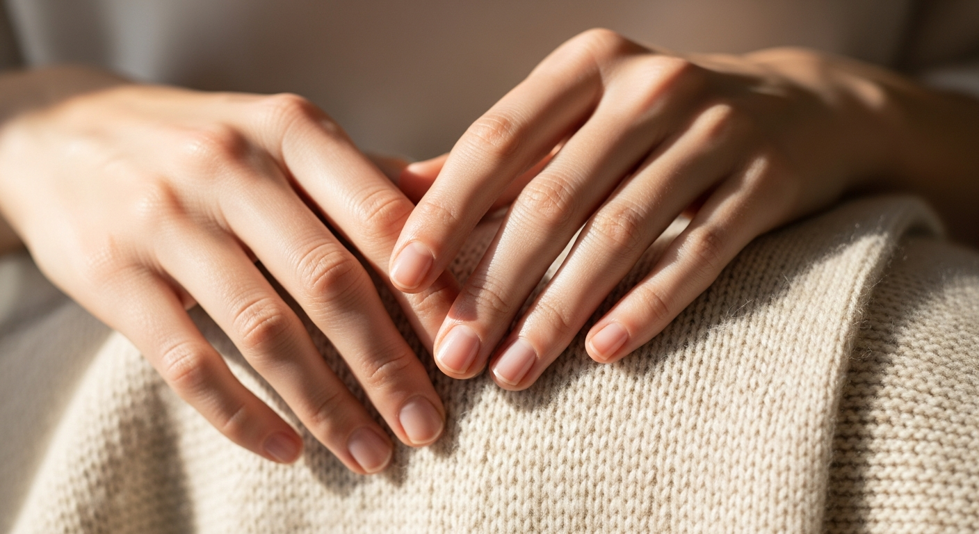 Soft close-up of a woman’s hands with smooth skin and subtle wool texture
